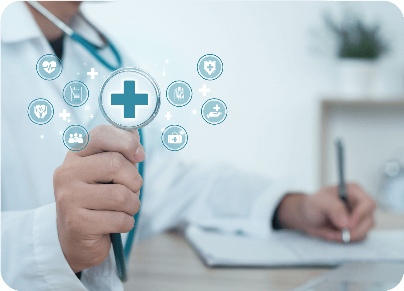 Doctor interacting with digital healthcare icons.