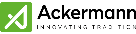Ackermann logo with green and black design.